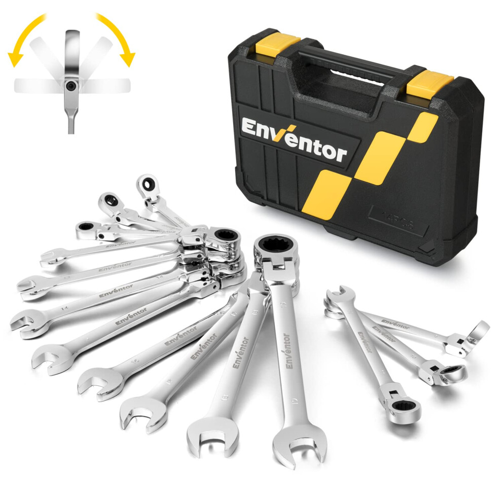 Enventor 14Pcs Flex-Head Ratchet Spanner Set - Metric, 6Mm To 19Mm Ratcheting Combination Wrench Set With Carry Case, Chrome Vanadium Steel - 72-Teet 8704135584900