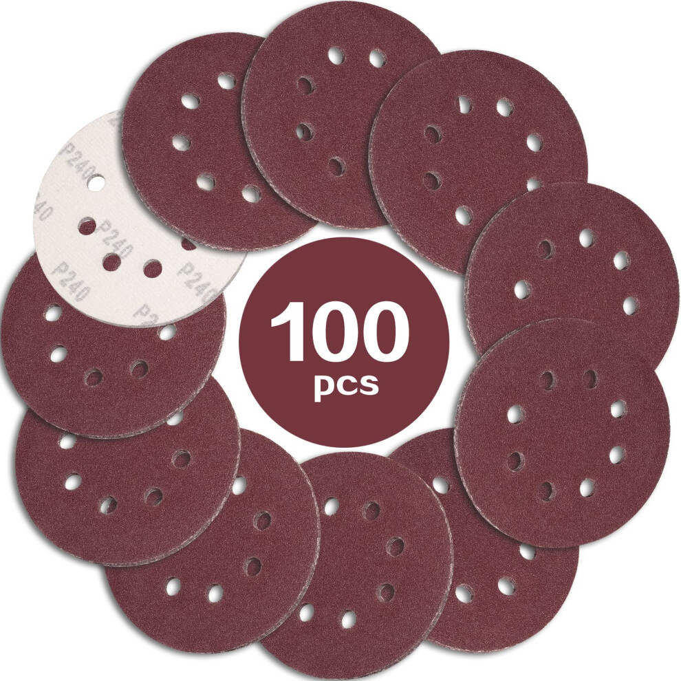 Stebruam 100Pcs 125Mm Sanding Discs 240 Grit, 5 Inch 8 Hole Hook And Loop Sanding Pads For Random Orbital Sander 5051226584848