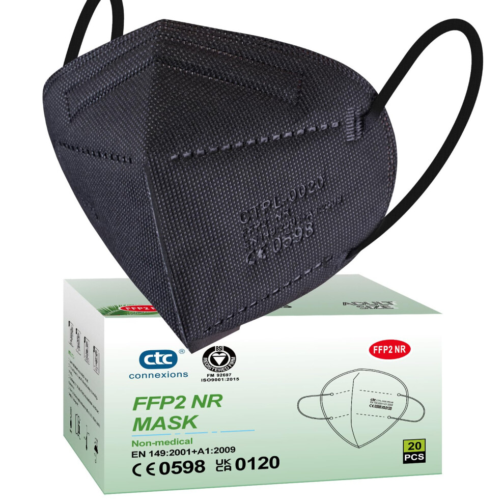 Ctc Connexions Ffp2 Mask Black 20 Pack 5 Layers Protective Face Masks Ce0598 Certification Filtration System 95% Disposable Kn95 Masks Individually 5051226591280