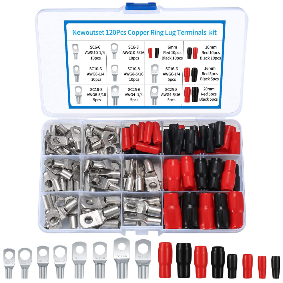 120 Pcs Bolt Hole Tinned Copper Terminals Set, Ring Cable Wire Lugs Terminals Connectors, Battery Sc Terminal Set 5051226575624