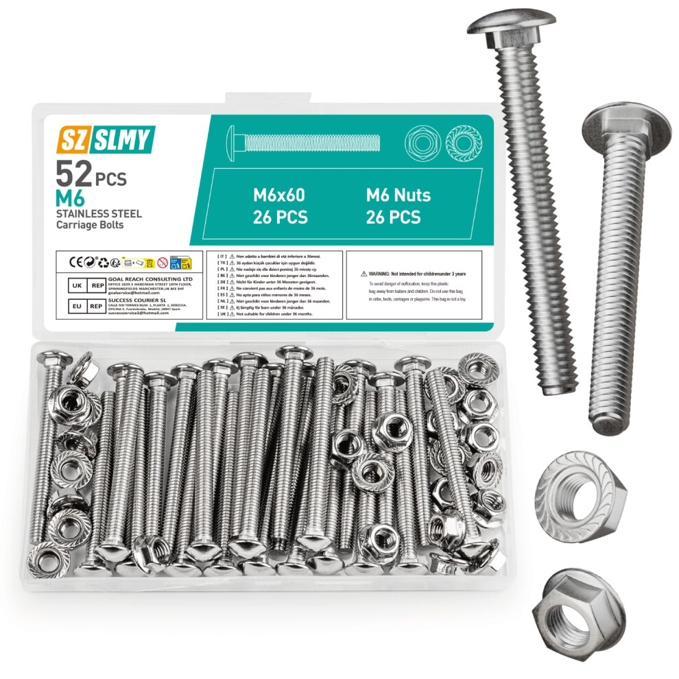 52 Pcs M6 Coach Bolts, M6 X 60Mm Cup Square Carriage Bolts And Nuts Set, Stainless Steel Coach Screws With Hexagon Flange Nuts (52, M6*60Mm) 5002710496451