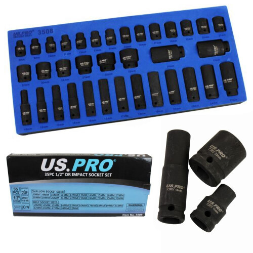 us pro 35pc 1/2'' Dr Impact Socket Set Deep Shallow EVA Foam Tray 8-32mm US Pro