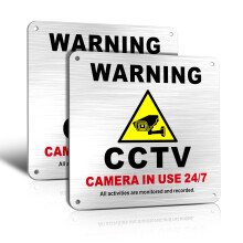 TAKULA Pre-drilled Aluminium CCTV Sign - 15 * 15cm Brushed Metal, 24 HR Outdoor Waterproof, UV Resistant, Durable | Pack of 2