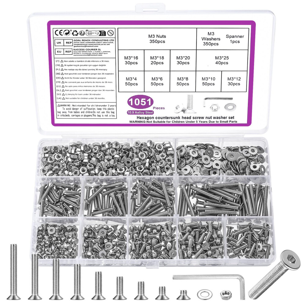 1051 Pcs M3 Screws Set, Countersunk Bolts And Nuts Sets, Countersunk Nuts And Bolts Set With Washers, Flat Head Machine Screws Assorted 5051226577833