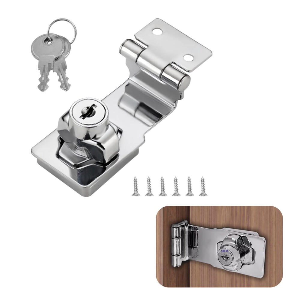 Coaftug Keyed Hasp Lock Right Angle 90 Degrees 3 Inch Hasp And Staple With Padlock Silver Door Latch Hasp Twist Knob Shed Door Locks Zinc Alloy Keyed 5051226622625