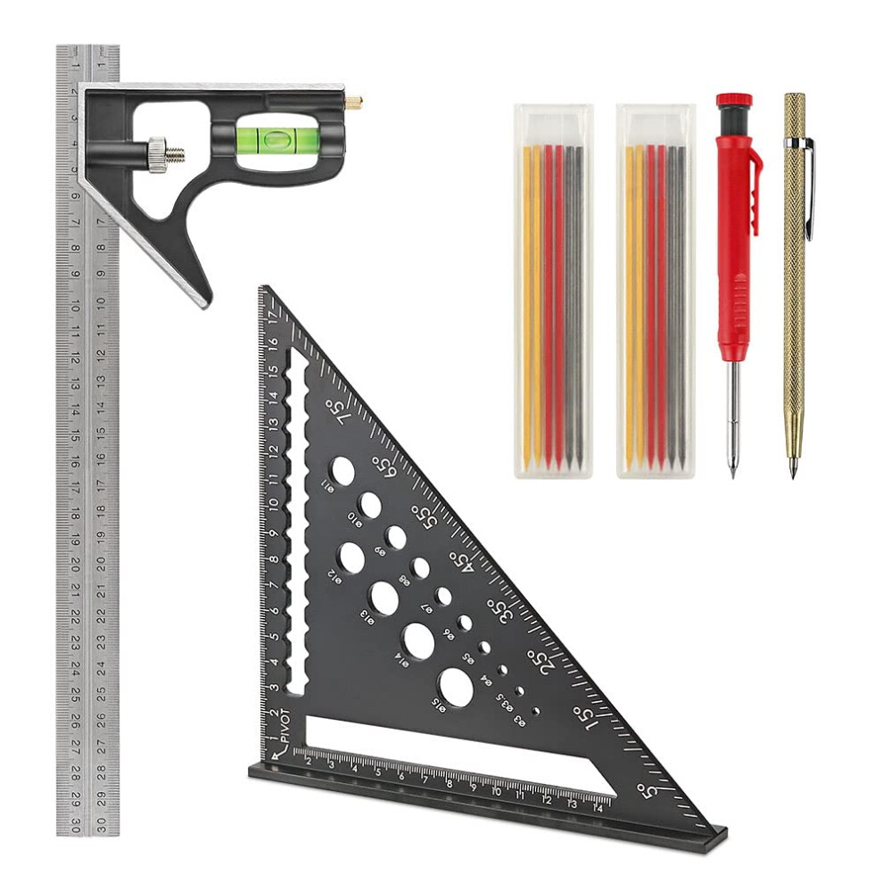 Carpenter Square Set, Set Square Tool Incl 12Inch/300Mm Combination Square With Spirit Level, Speed/Rafter Square 180Mm/7Inch 5051226585722