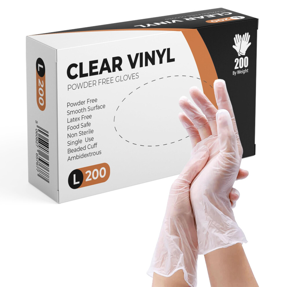 Praima Clear Vinyl Gloves, 200 Count, Clear Disposable Gloves (200, Large) 5051226576256