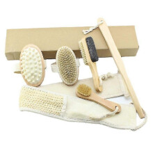Natural Bath And Body 6 Piece Soft Bristle Brush Long Wooden Handle Back Exfoliating Full Home Spa Kit Body Cleansing
