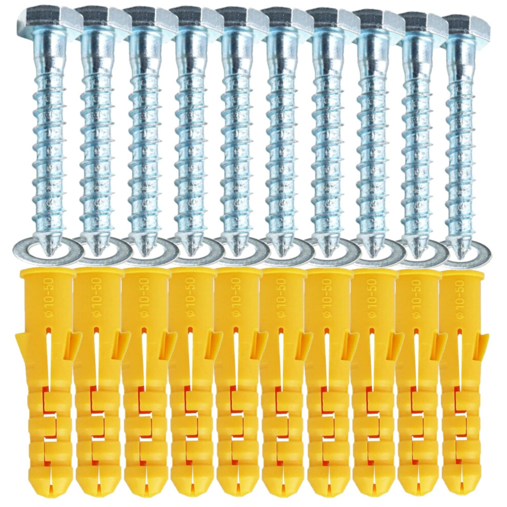 M10x50mm Heavy Duty Masonry Brick Wall Fixing Plug + Coach Screw Zinc Plated And Washer,Strong Nylon Wall Plug Steel Bolt Kit For Tv Bracket Aerial 5051226611513