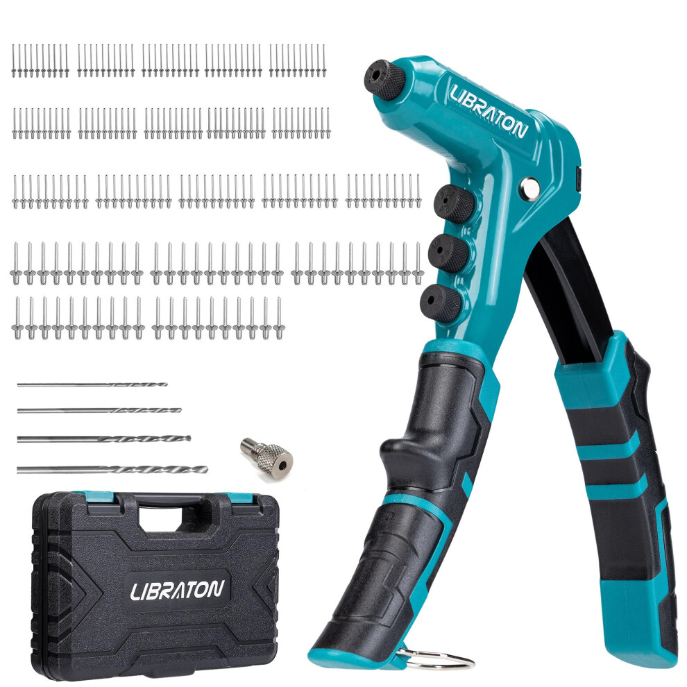Libraton One-Handed Rivet Gun, Pop Rivet Gun Set, Professional Hand Riveter, Manual Riveting Tool With 200 Rivets For Metal, Includes 4 Drill Bits, 4 6938519491047