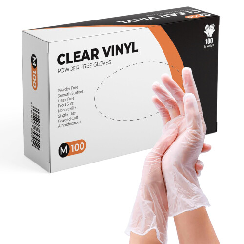 PRAIMA Clear Vinyl Gloves, 100 Count, Clear Disposable Gloves (100, Medium)