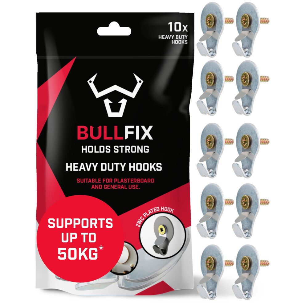 Bullfix Hook - Heavy Duty Picture Hooks, Pack Of 10, Wall Hooks For Hanging Picture Frames Onto Masonry Walls, Timber & Plasterboard, Holds Up To 50K 3372751438980