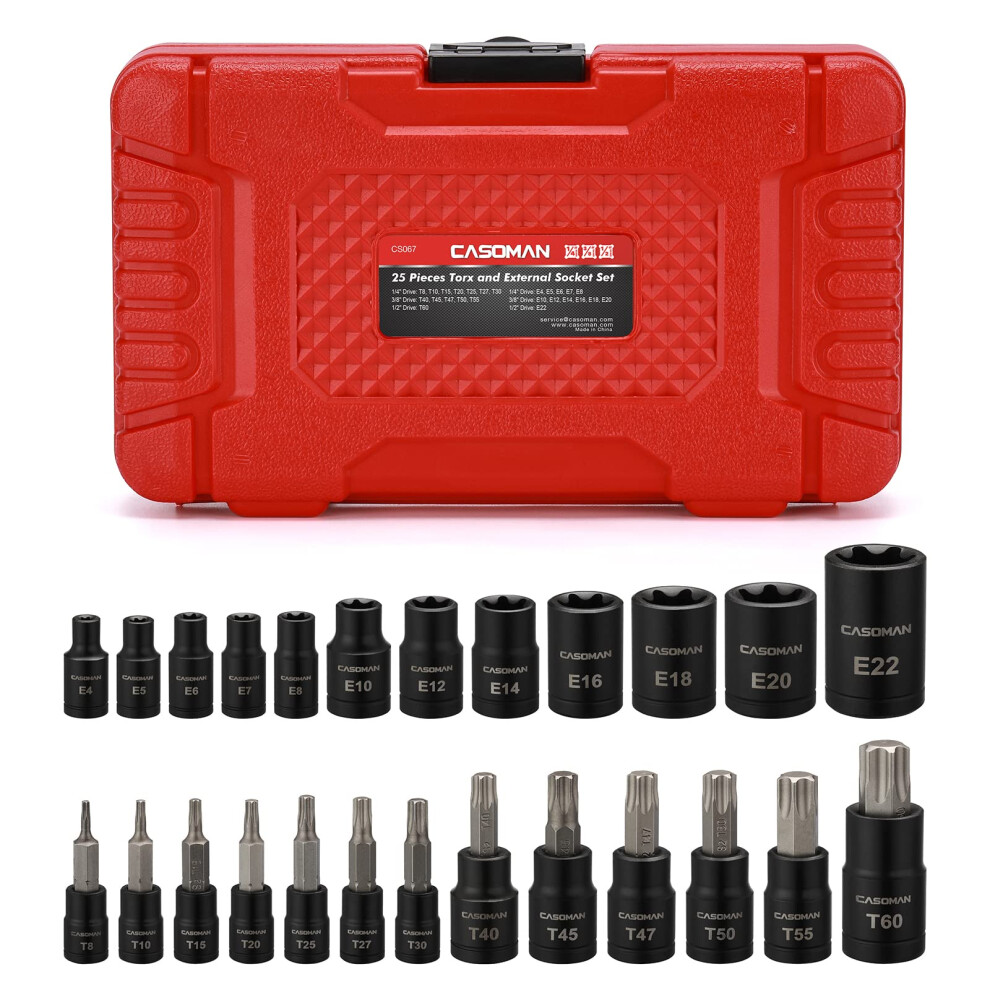 Casoman 25 Piece Torx Bit Socket Set, 13 Star Socket Bits (T8-T60) & 12 Female E-Torx Sockets (E4-E22) 5051226605369