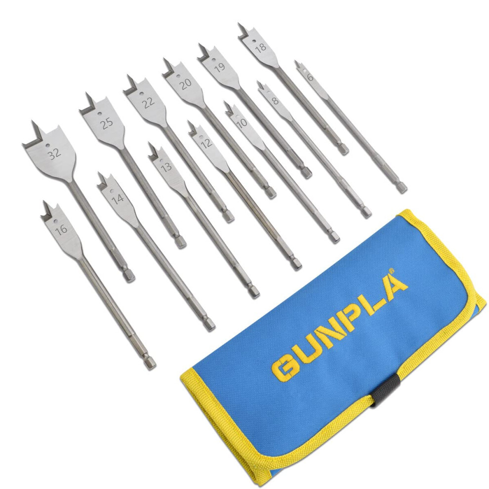Gunpla 13 Pieces Spade Drill Bits Set 6-32Mm, Carbon Steel Heavy Duty Hex Shank Paddle Bit Tools Woodworking Drilling Flat Bits Blades Kit With 5051226554728