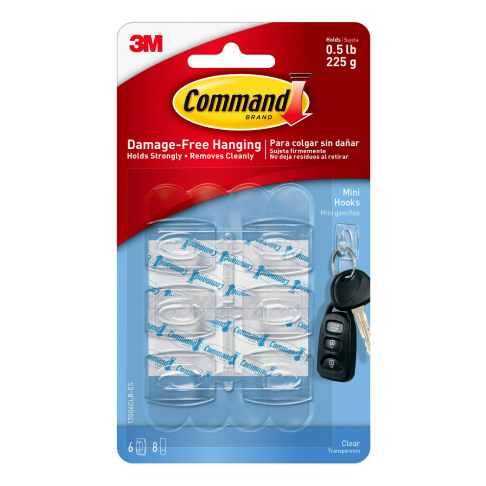 Command Decorating Hooks - Mini - Transparent - Multi Pack Of 6 Hooks And 8 Strips For Indoor Use - Suitable For Hanging Items Up To 225G - Great For 9072389026033