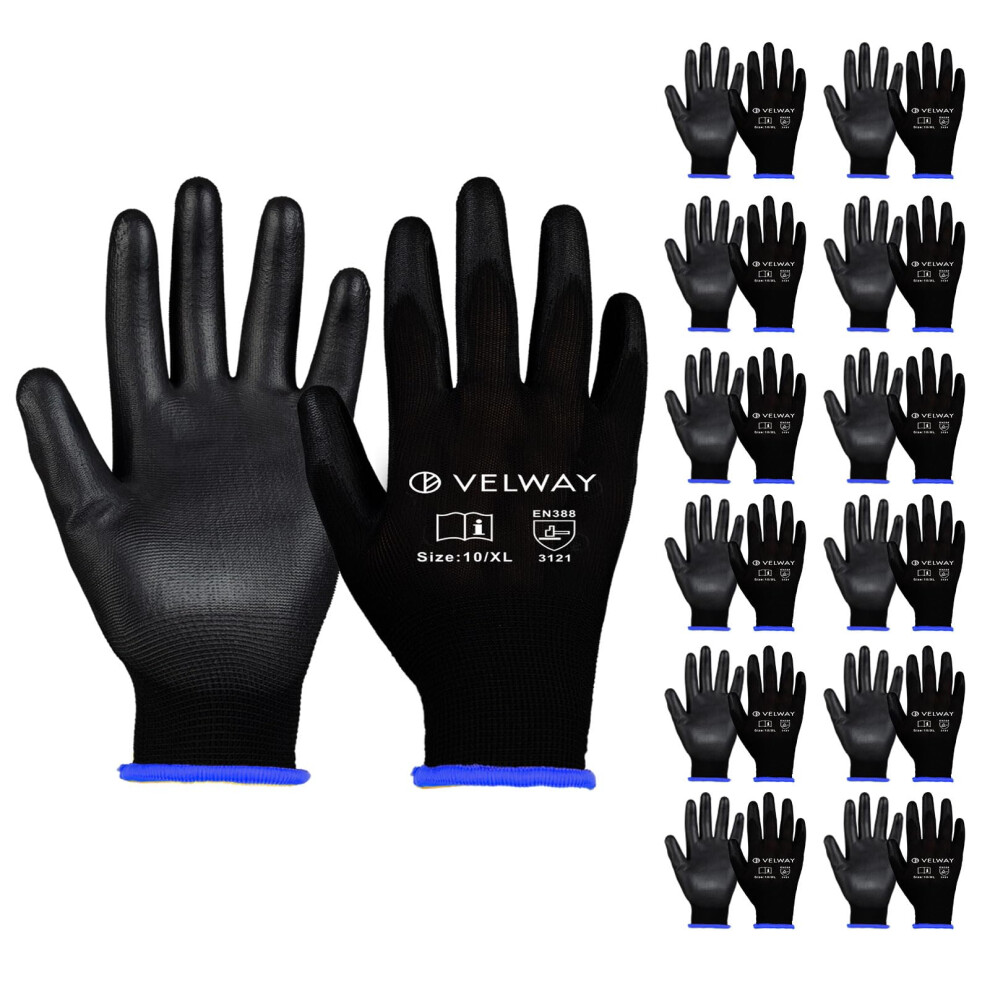 Velway 12 Pairs Safety Work Gloves - Firm Grip Non-Slip Pu Coated Builders Gardening Protective En388 Mechanic Working For Men Women Black 5051226577956