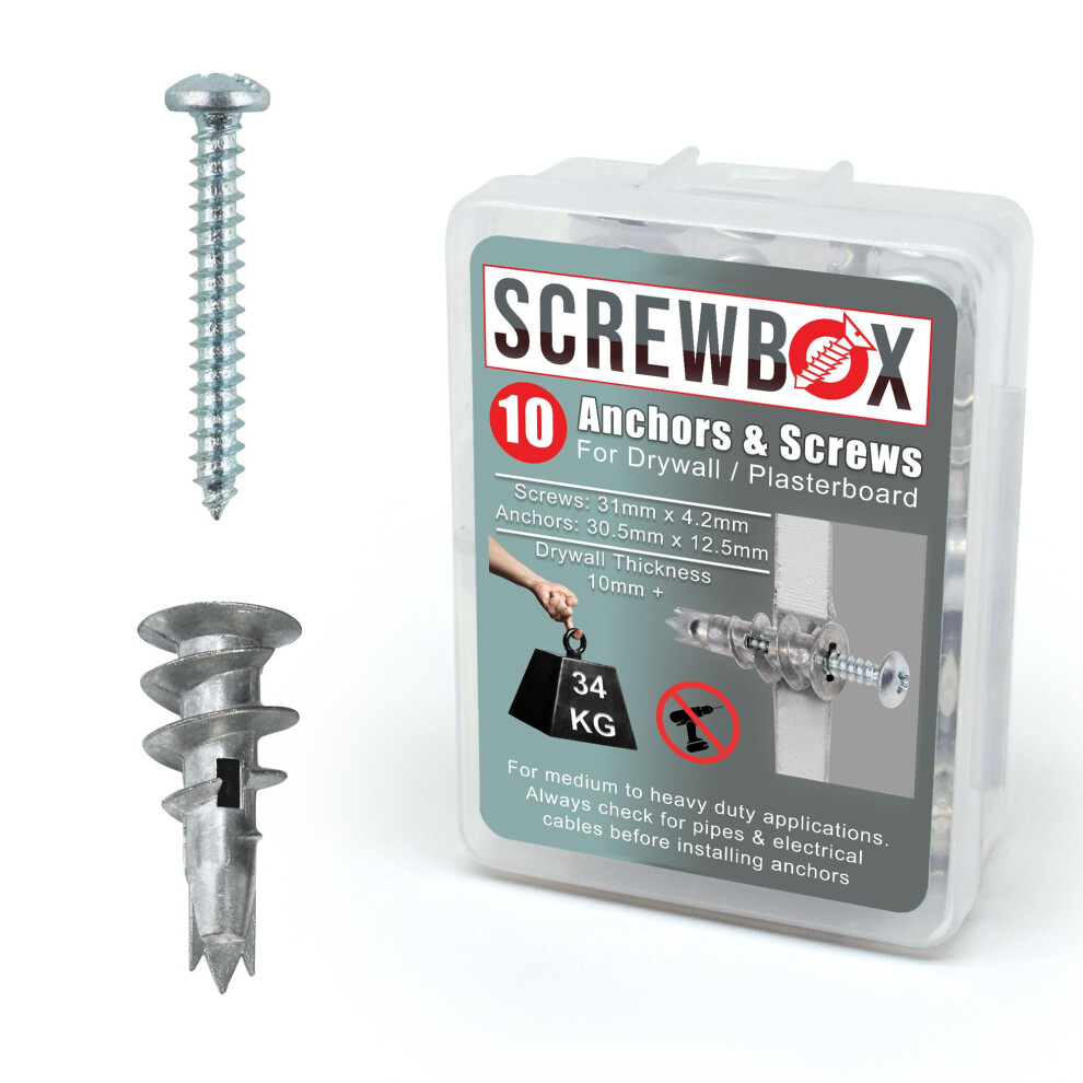 Screwbox Plasterboard Fixings Â 10Pcs Heavy Duty Drywall Anchors & Screws, Metal Self Drilling Wall Plugs For Strong Grip 9449292788455