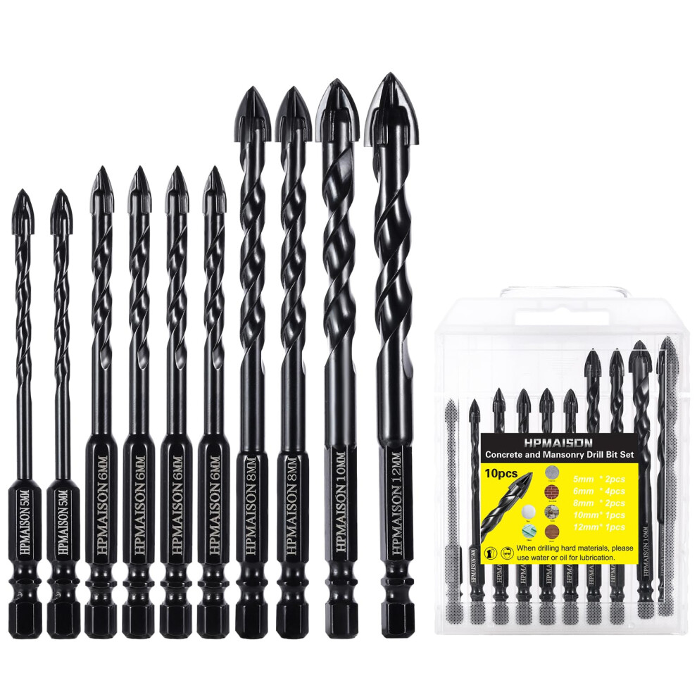 Hpmaison 10Pcs Masonry Drill Bits, Tungsten Carbide Tip Concrete Drill Bit Set For Ceramic Tile, Brick Wall, Concrete, Wall Mirror, Glass 5051226594915