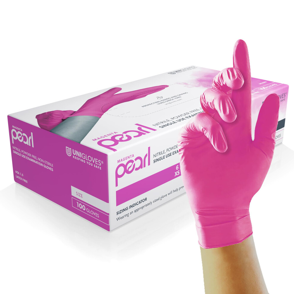 Unigloves Magenta Pearl Nitrile Examination Gloves - Multipurpose, Powder Free And Latex Free Disposable Gloves - Box Of 100 Gloves, Magenta, Small 5051226603273