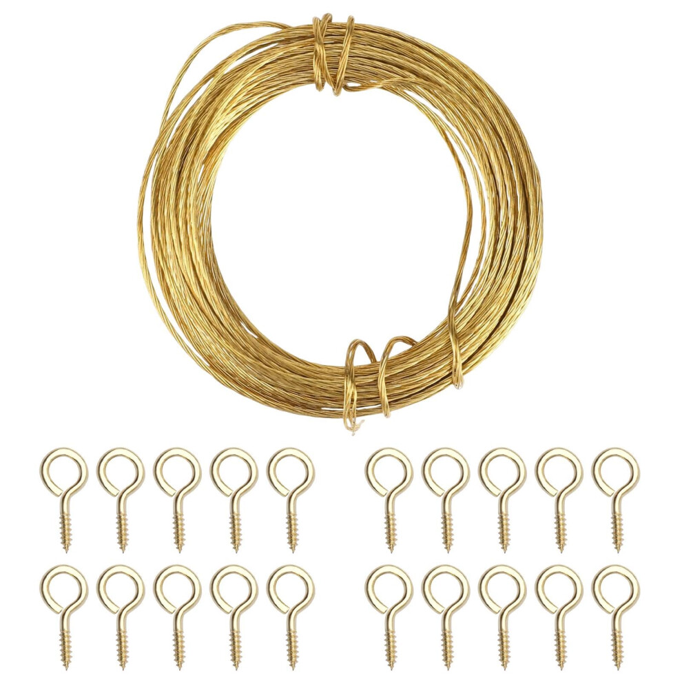 Brass Picture Hanging Wire 3M 20Pcs Eye Screw Hooks, Braided Metal Wall Picture Hanger Wire Kit For Hanging Photo Frame, Mirror, Artwork, Clock 5051226632174