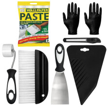 Wallpaper Paste Kit - Includes 10 Roll Adhesive Paste and Wallpaper Kit Containing Smoother, Roller, Hanging Brush, Scraper, Trimmer and Gloves