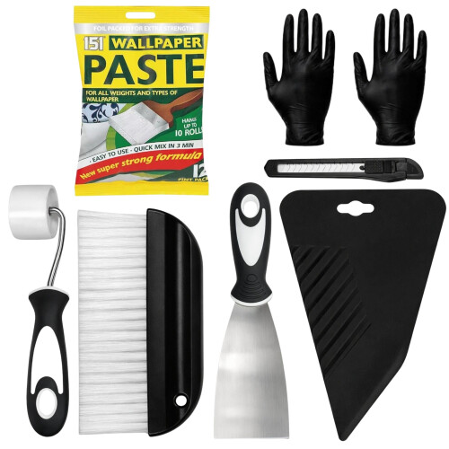 Wallpaper Paste Kit - Includes 10 Roll Adhesive Paste and Wallpaper Kit Containing Smoother, Roller, Hanging Brush, Scraper, Trimmer and Gloves