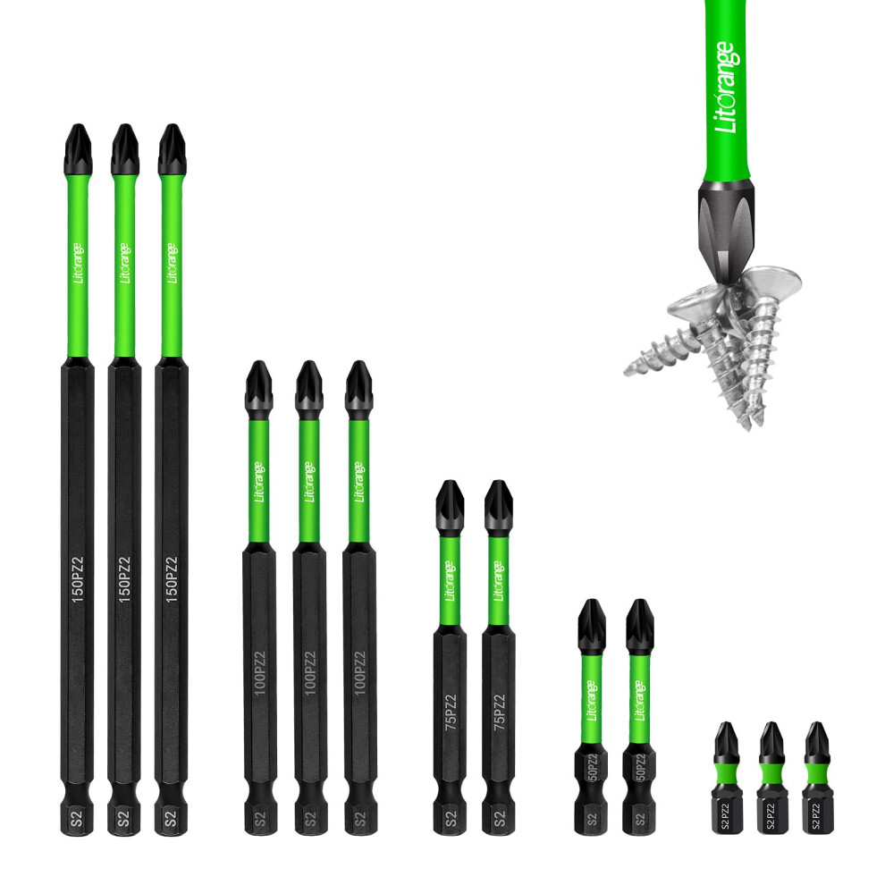 Litorange 13Pcs Pz2 Magnetic Impact Driver Bits, Heavy Duty Long Pozidriv Screwdriver Bit Set 150Mm 100Mm 75Mm 50Mm 25Mm 5051226587979