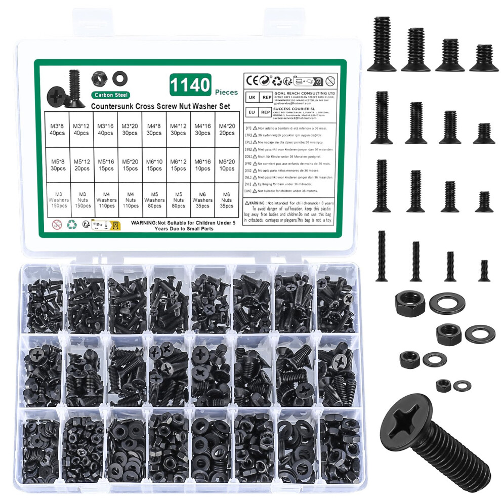 1140 Pcs M3 M4 M5 M6 Screws Set, Countersunk Bolts And Nuts Set, Flat Head Machine Screw Nut And Bolt With Washers 5051226620942