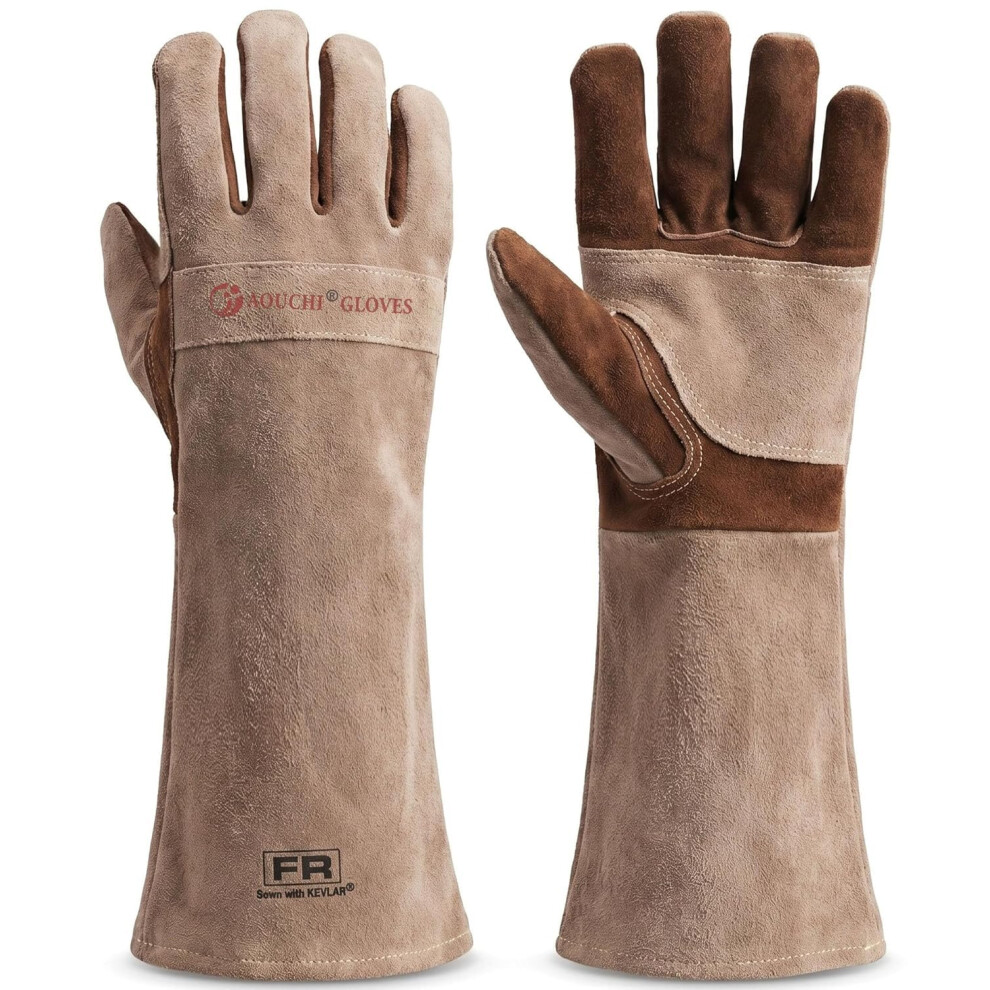 Aouchi Leather Welding Bbq Fire Gloves, Fireproof Heat-Resistant Long Sleeve Mitts For Tig/Mig, Log Wood Burners, Firefighting, Barbecue, Fireplace 5051226622366