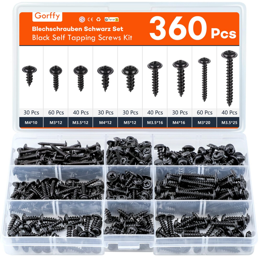 Gorffy Self Tapping Screwsï¼360 Pcs Black Screws, Wood Screws, Countersunk Wood Screws Assortment, Multi Use High Performance Screw 5051226638411