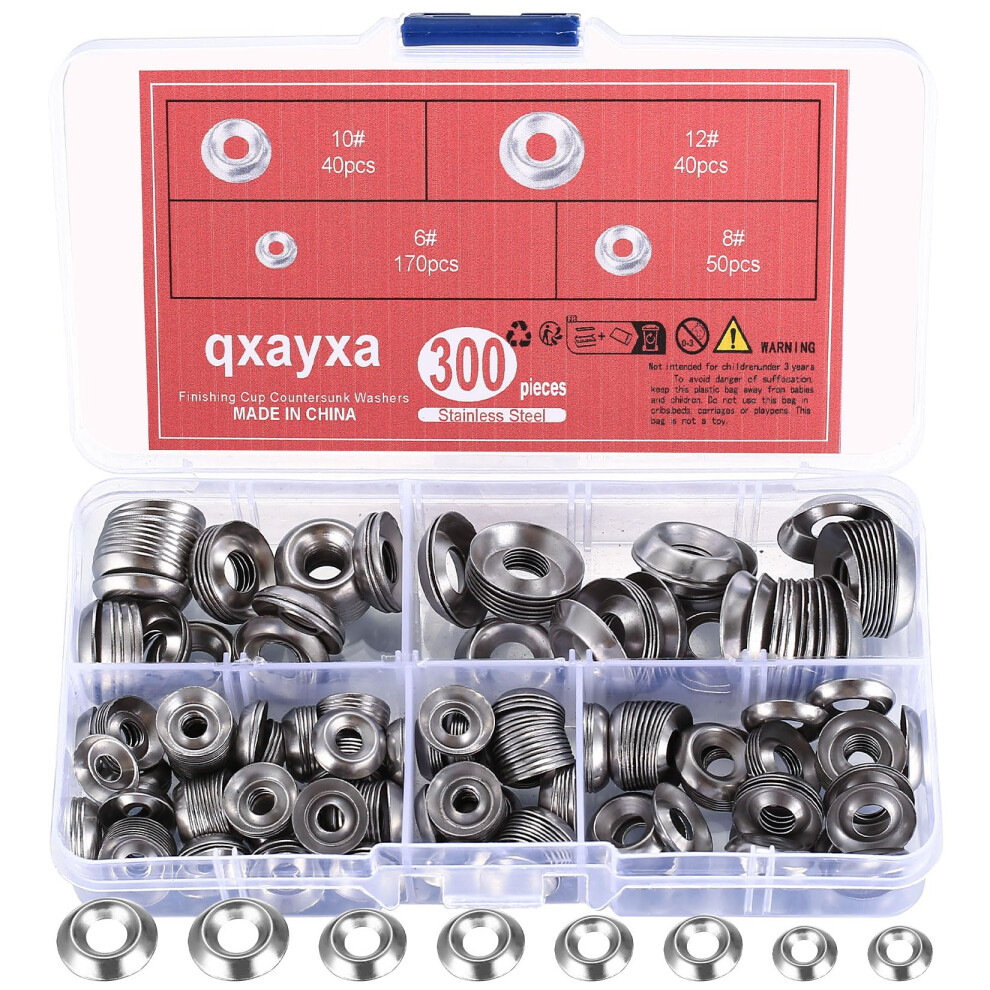 300 Pcs Stainless Steel Cup Washers For Screws, Cup Washers Assorted Countersunk Finishing Washer For Bolt Screw Metal Rosette Washer(6# 8# 10# 12#) 5051226622489