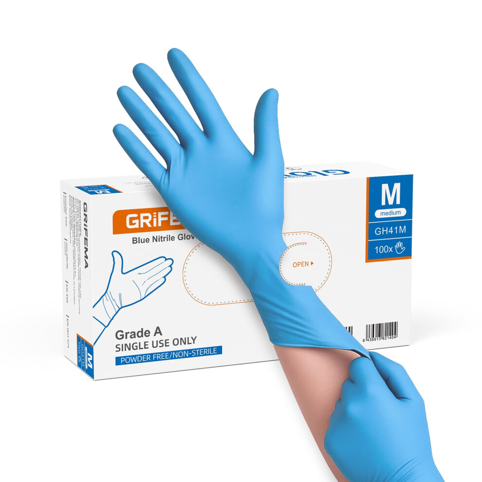 Grifema Blue Nitrile Gloves Medium, Disposable, Powder Free & Latex Free, Examination Gloves For Medical, Laboratory, Food Safe & Cleaning Use 5051226610172