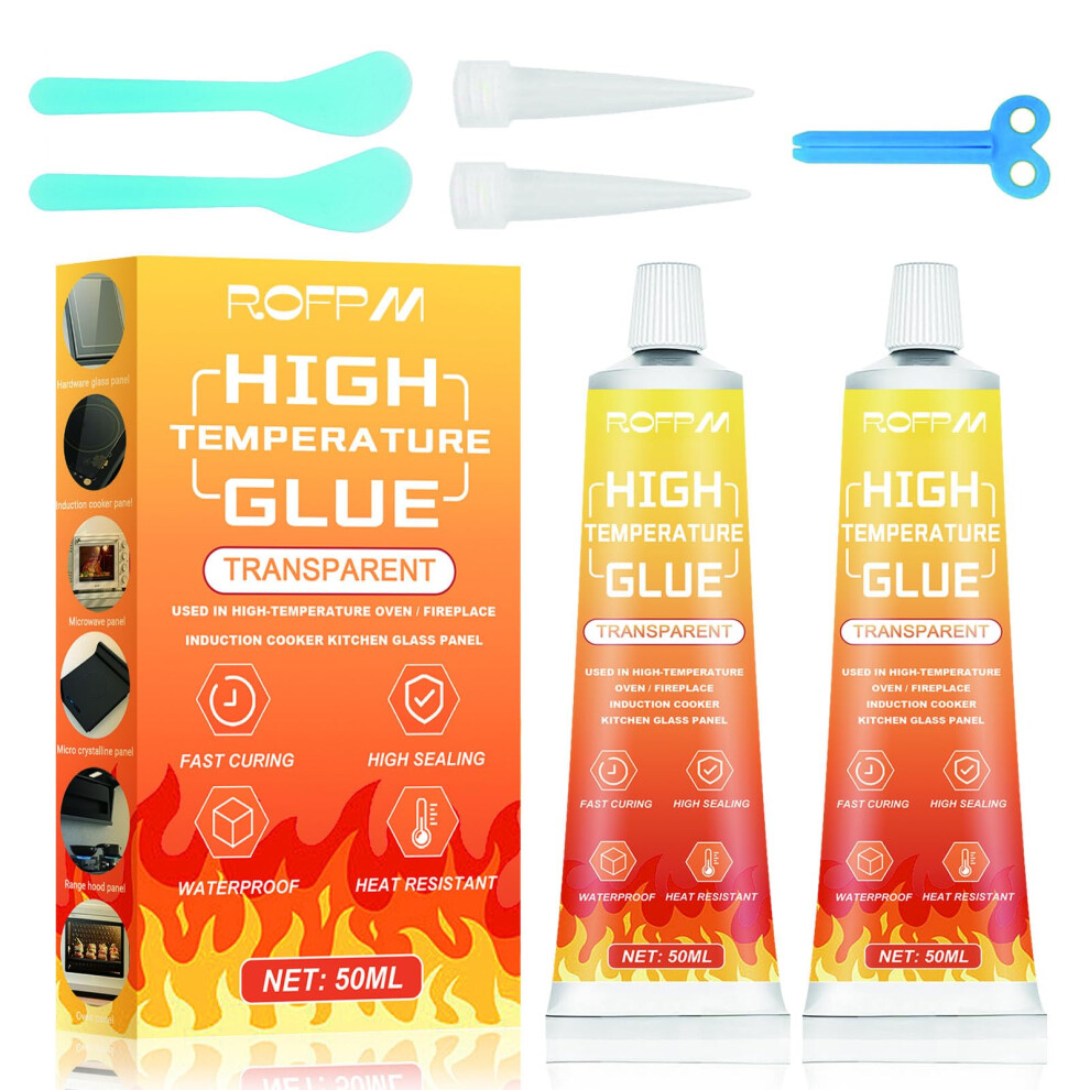 Rofpm Transparent Heat Resistant Glue, Heat Resistant Silicone, 50Ml X 2 Pack, High Temperature Silicone Sealant For Oven Door For Sealing Glass 5051226638220
