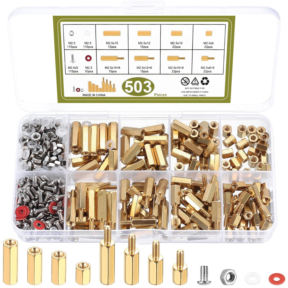 503 Pcs M2.5 Male Female Hex Brass Spacer Standoff Screw Nuts, Gold Threaded Pcb Motherboard Circuit Pillar Standoff Spacers Assortment Kit For 5051226611933