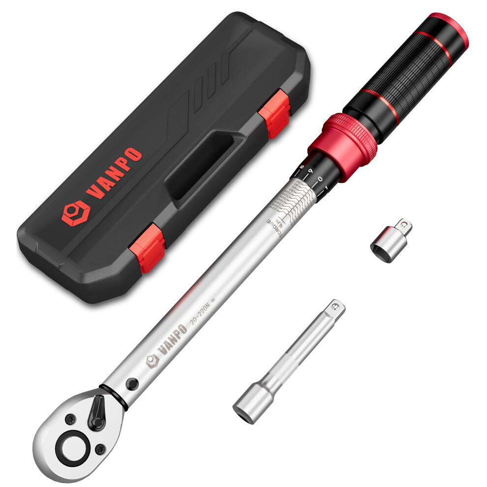 Vanpo Torque Wrench 1/2" Drive, 20-220Nm Car Wrench Set With 1/2" To 3/8" Adapter & Extension Bar, 3% Accuracy, Dual-Direction 5051226621598