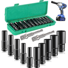 12 Pcs Deep Impact Socket Set, 8-24 MM Hex Long Socket Set 1/2 Inch Impact Wrench Socket Set Comes with Impact Driver Extension Bar for Home Car