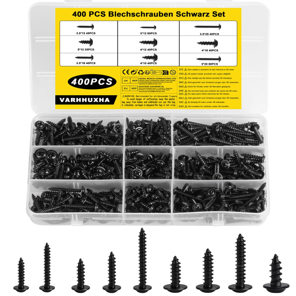 400 Pcs M3 M3.5 M4 M5 Self Tapping Screws For Wood, Black Phillips Pan Head Wafer Self Drilling Truss Cross Head Screws Assorted For Diy Repairs 5051226554186
