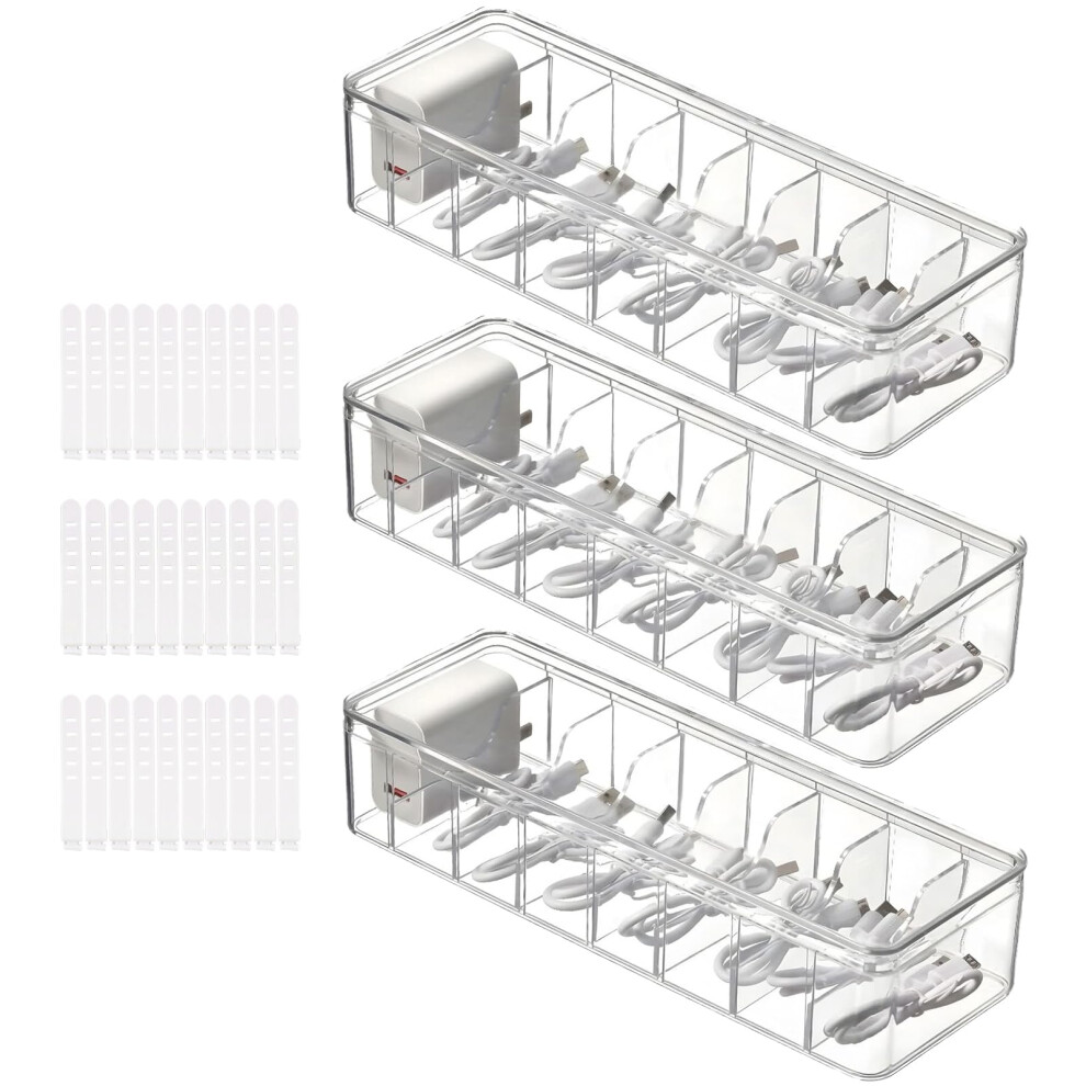 Muxhel 3Pcs Cable Storage Box 8 Grids Clear Cable Management Box Plastic Cable Tidy Box With Lid & 30 Cable Ties For Cable Storage Chargers Power 5051226636547