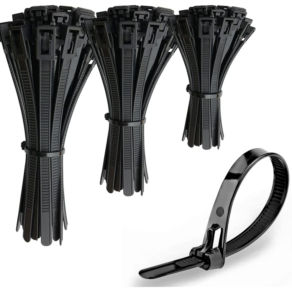 Oksdown 150 Pack Reusable Black Heavy Duty Cable Ties 7.6Mm Strong Nylon Zip Ties Releasable Plastic Tie Wraps Assorted In Sizes 150Mm/200Mm/300Mm,6" 5051226604843