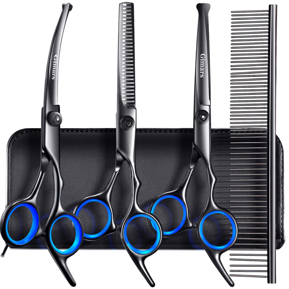 Gimars Dog Grooming Scissors Kit Professional 4Cr With Safety Round Tip, 5 In 1 Heavy Duty Titanium Coated Thinning & Curved & Straight Shears Black 5051226617447