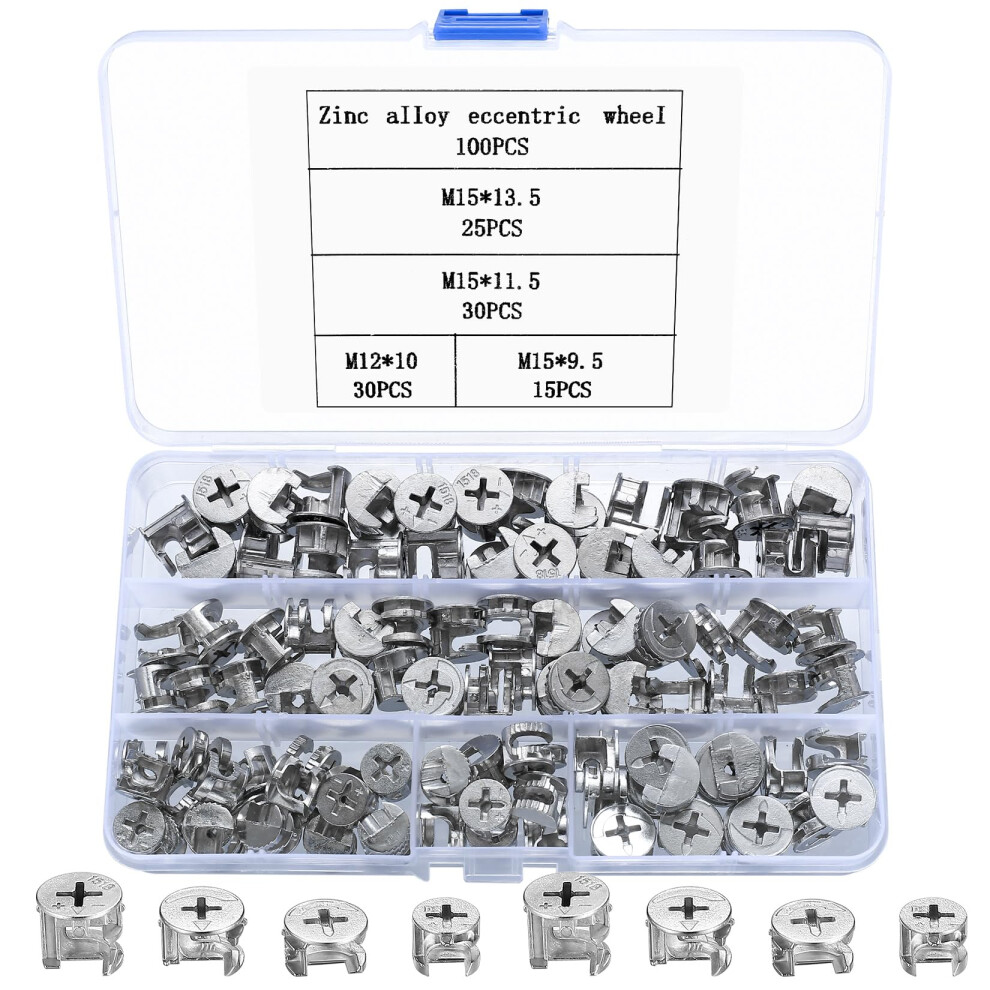 100 Pcs Furniture Connector Cam Lock Nuts, Fixing Screws, Connecter Fittings, Eccentric Cam For Drawer Dresser Cabinet Wardrobe Panel Locking 5051226555084