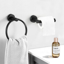 Toilet Roll Holder and Towel Ring, 2 Pcs Bathroom Accessories Including Wall Mounted Toilet Paper Holder and Stainless Steel Towel Holder Matte Black