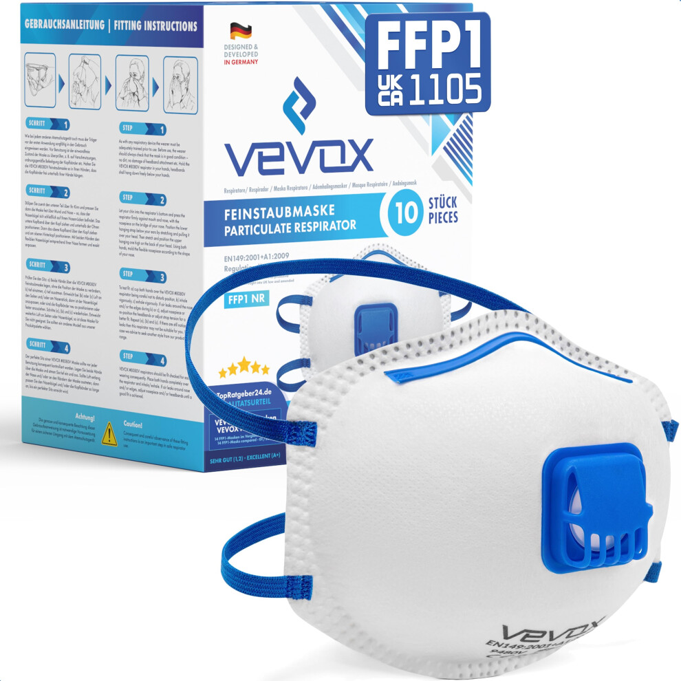 Vevox Ffp1 Dust Mask - Set Of 5 - Valved Face Masks - Respirator - Protection E.g. For Construction, Building Work, Sanding, Woodworking, Fine Dusts 5051226636714