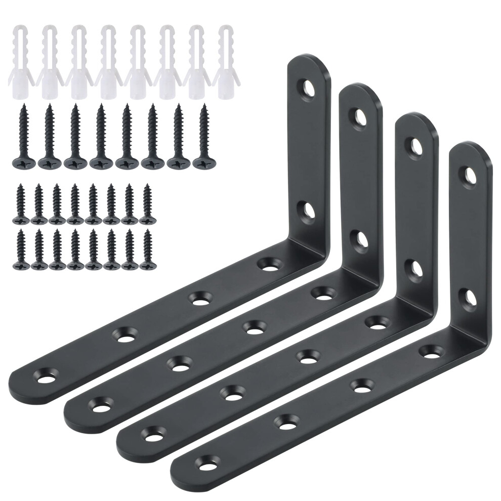 Sayayo Shelf Brackets 4Pcs, Heavy Duty Wall Brackets For Shelves L Bracket Wall Mounted Shelf Support, Stainless Steel Matte Black Finished 5051226623455