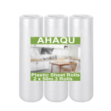 AHAQU 3 Roller Plastic Dust Sheets for Decorating, 2 x 50m/6.5 x 164ft Large Plastic Sheet Rolls