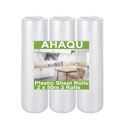 AHAQU 3 Roller Plastic Dust Sheets for Decorating, 2 x 50m/6.5 x 164ft Large Plastic Sheet Rolls