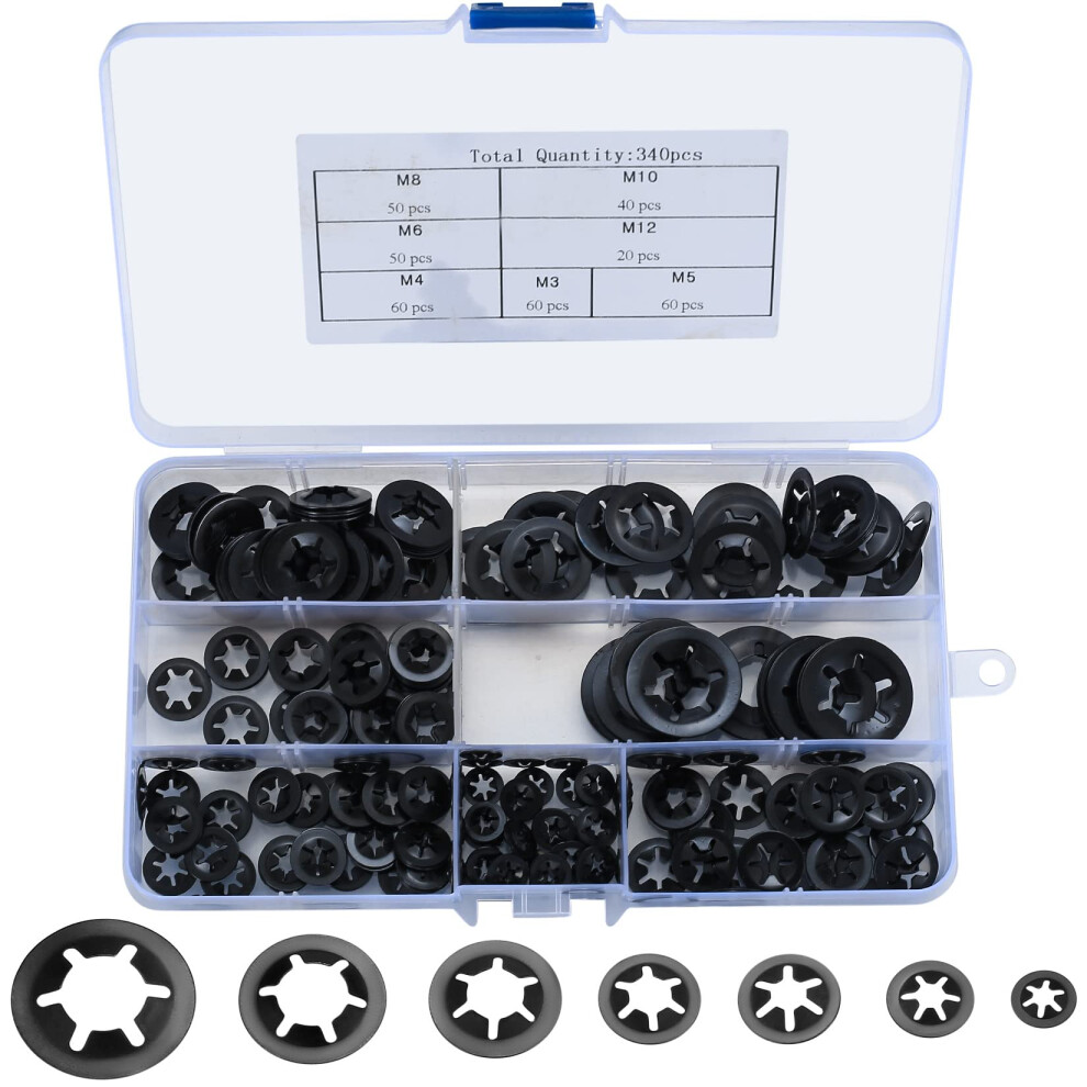 Ewwtrey 340 Pcs Internal Tooth Locking Washers, Push On Speed Clips Fasteners Washer, Quick Speed 65Mn Black Clips Lock Washers Assortment Kit - M3 5051226642951