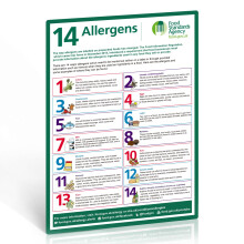 14 Food Allergens Poster 1 Pack – A4 Self-Adhesive Vinyl Sign (297x210mm), Waterproof Oil-Resistant UV Printed