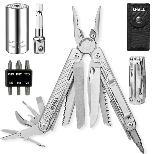 SHALL Multi Tool, 18-in-1 Multitool Pliers, Screwdriver Bit & Universal Socket, Self-Locking Multipurpose Tool w/Sheath for Camping Fishing Survival