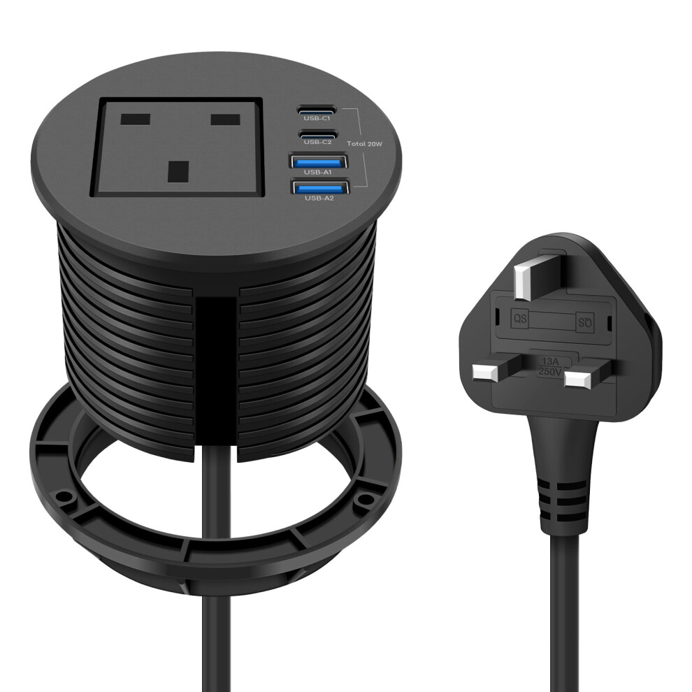 Recessed Power Socket With 1 Uk Plug, 20W Fast Charging Usb-C Port, Desk Power Grommet 80Mm, Seamless Flush Mount - Make Your Desktop Tidier 5051226554865